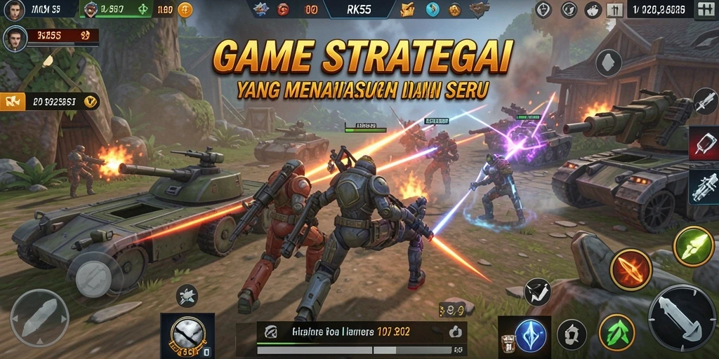 Screenshot utama RK55 menampilkan aksi pertempuran strategi yang mendebarkan.