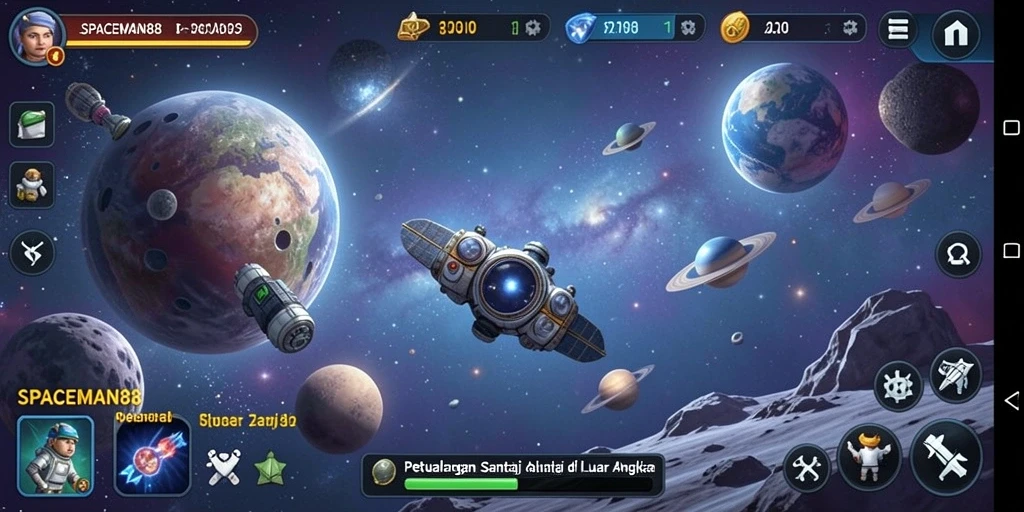 Tampilan gameplay <strong>SPACEMAN88</strong> dengan astronaut menjelajahi planet.