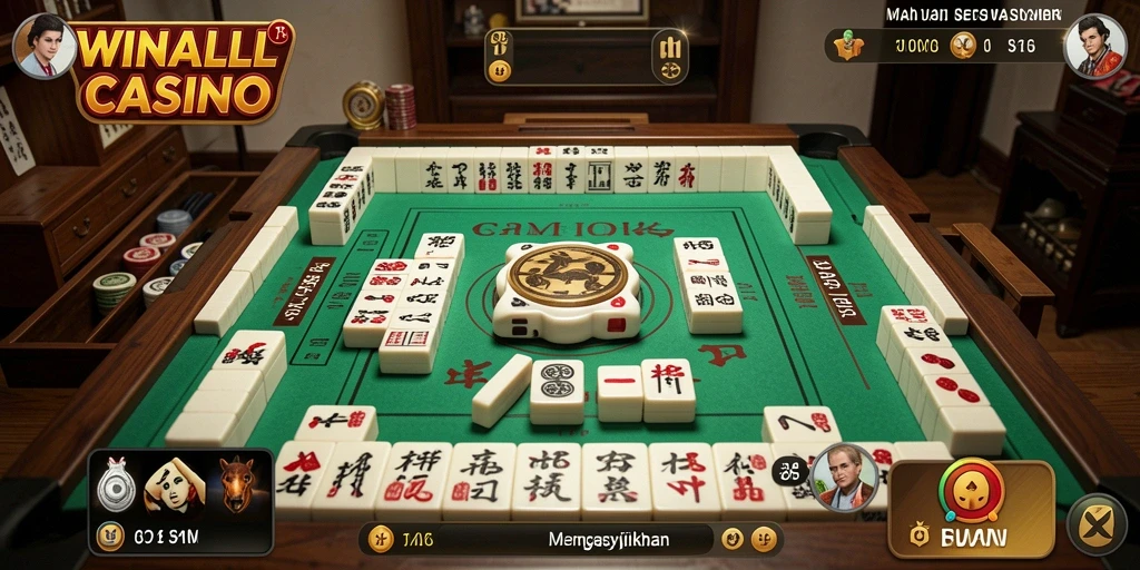 Screenshot gameplay WINALLCASINO menunjukkan suasana permainan Mahjong yang menarik.
